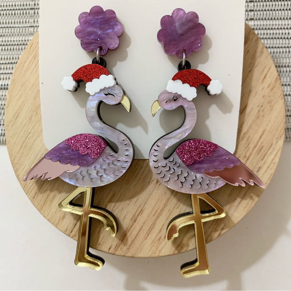 Christmas Earrings - Acrylic Pink Flamingo w Stainless Steel Stud Xmas Festive - Picture 1 of 6
